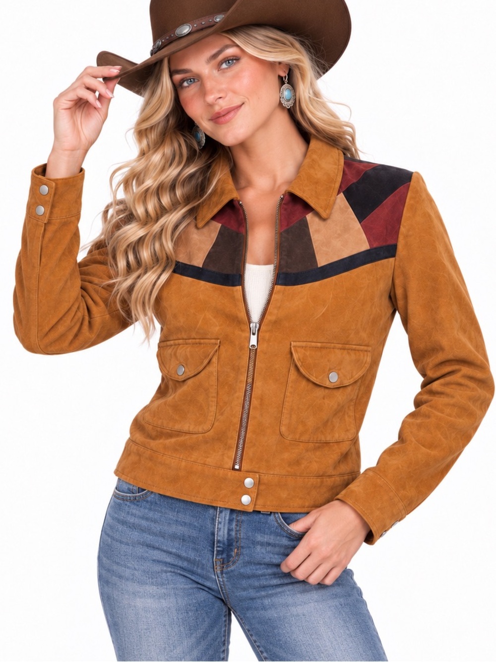 MNG Y2K Mango Genuine Suede Leather Patchwork Western Jacket Brown XXS